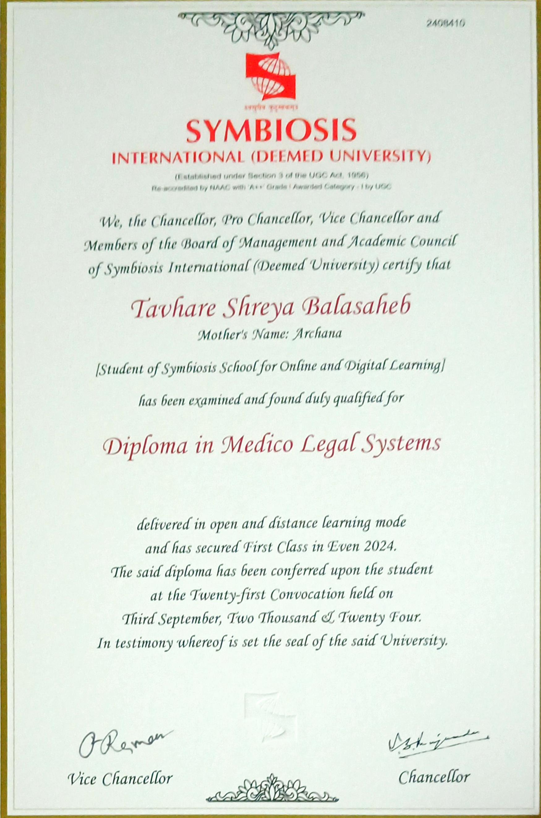 Ayurvedic doctor's certificate