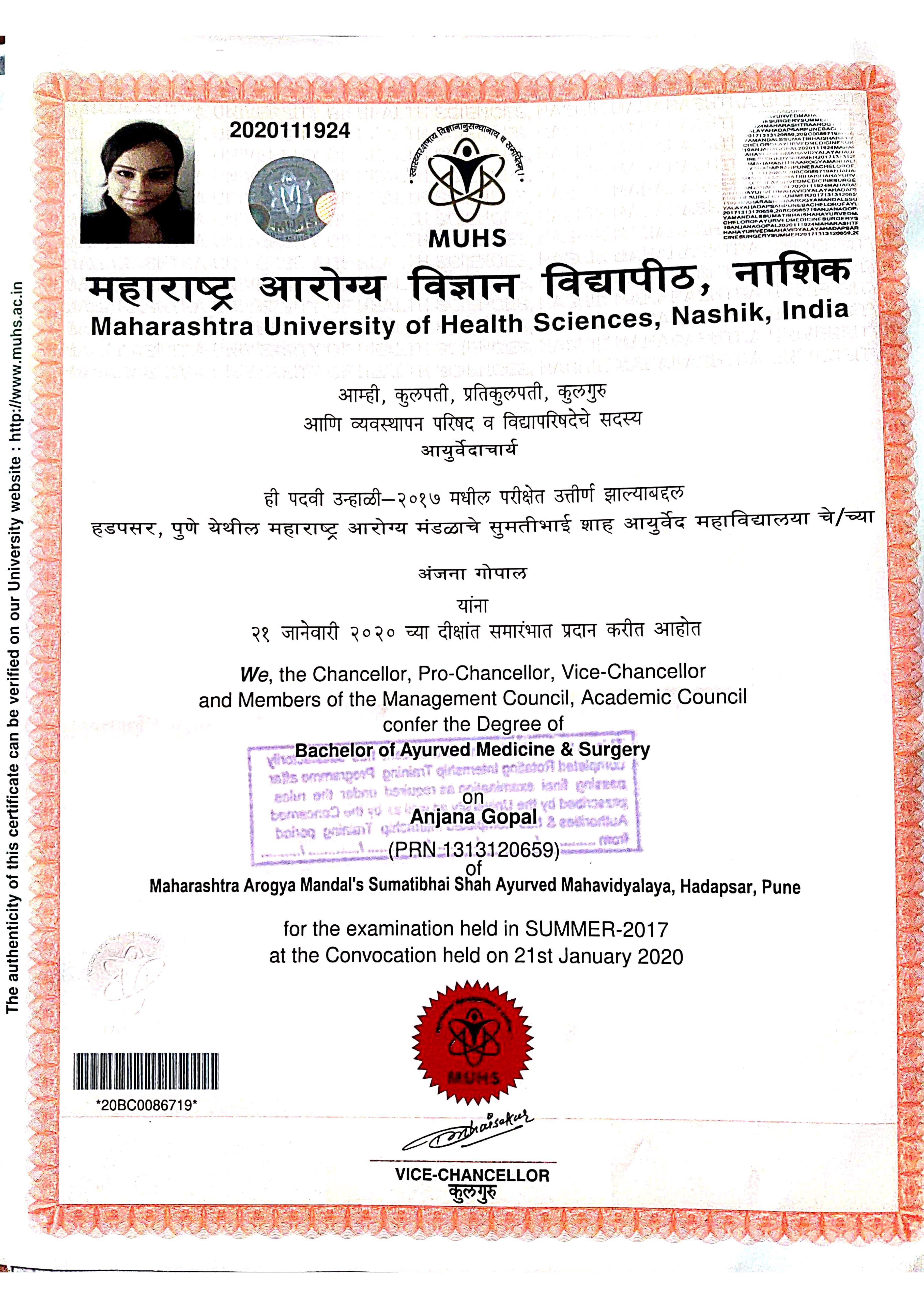 Ayurvedic doctor's certificate
