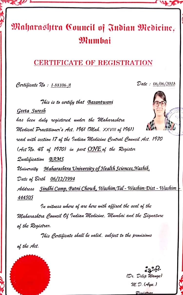 Ayurvedic doctor's certificate