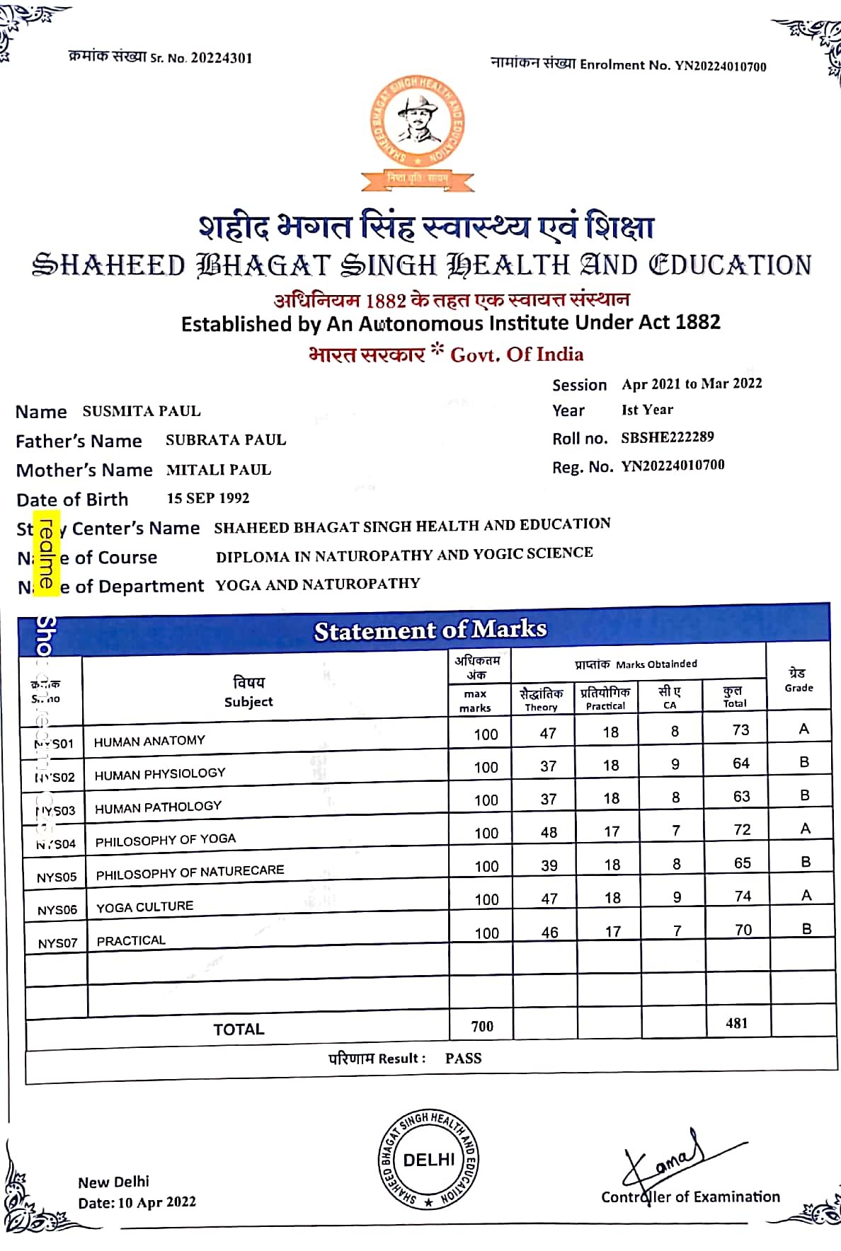 Ayurvedic doctor's certificate