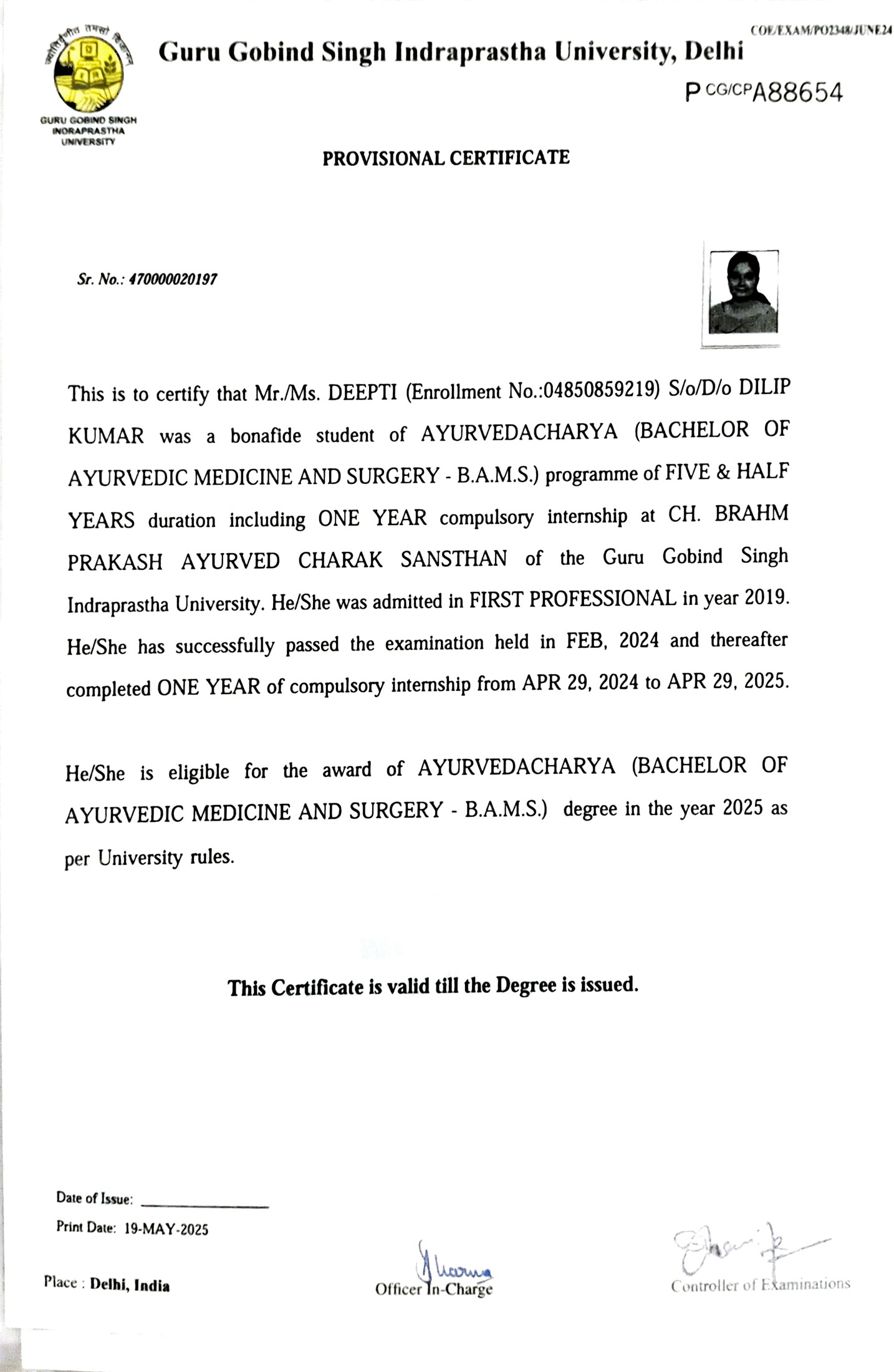 Ayurvedic doctor's certificate