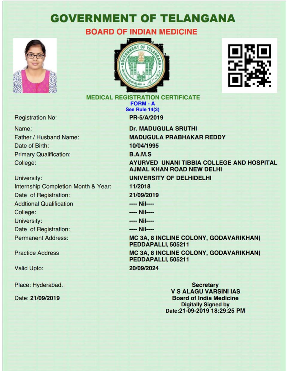 Ayurvedic doctor's certificate