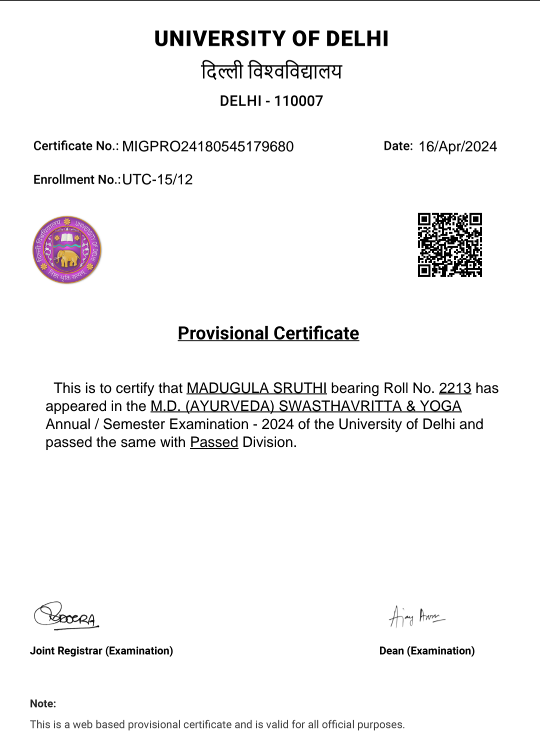 Ayurvedic doctor's certificate