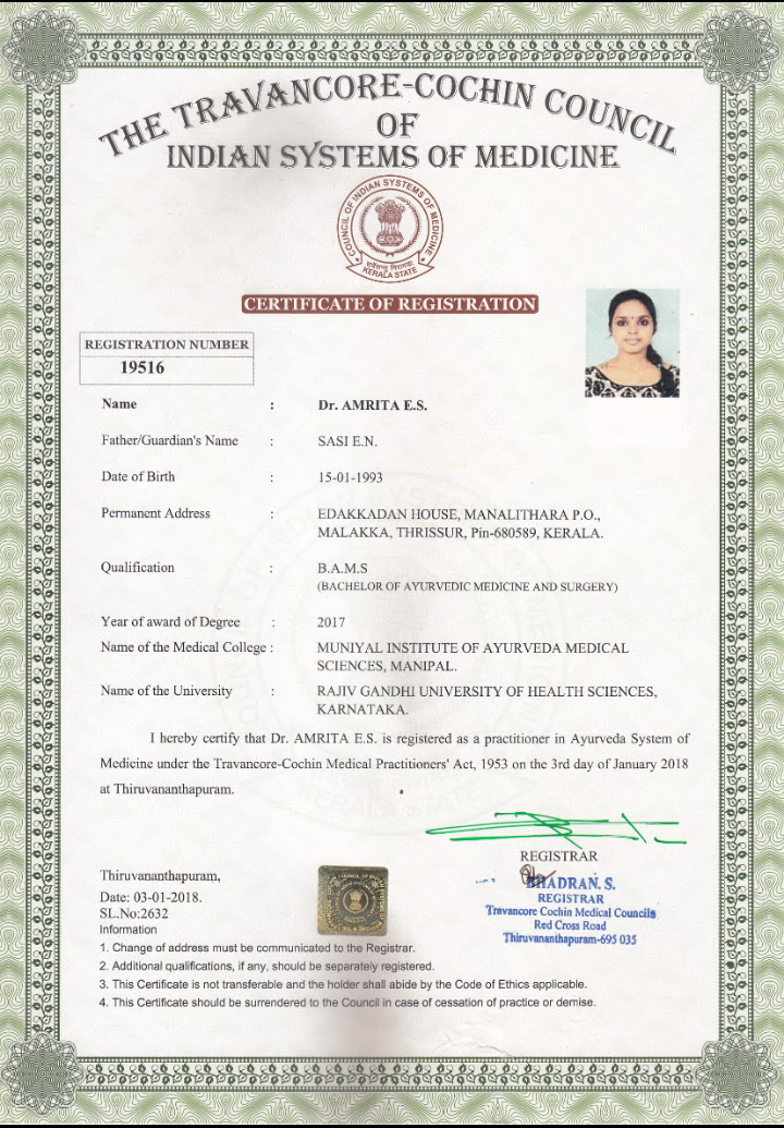 Ayurvedic doctor's certificate