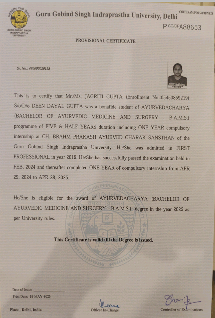 Ayurvedic doctor's certificate