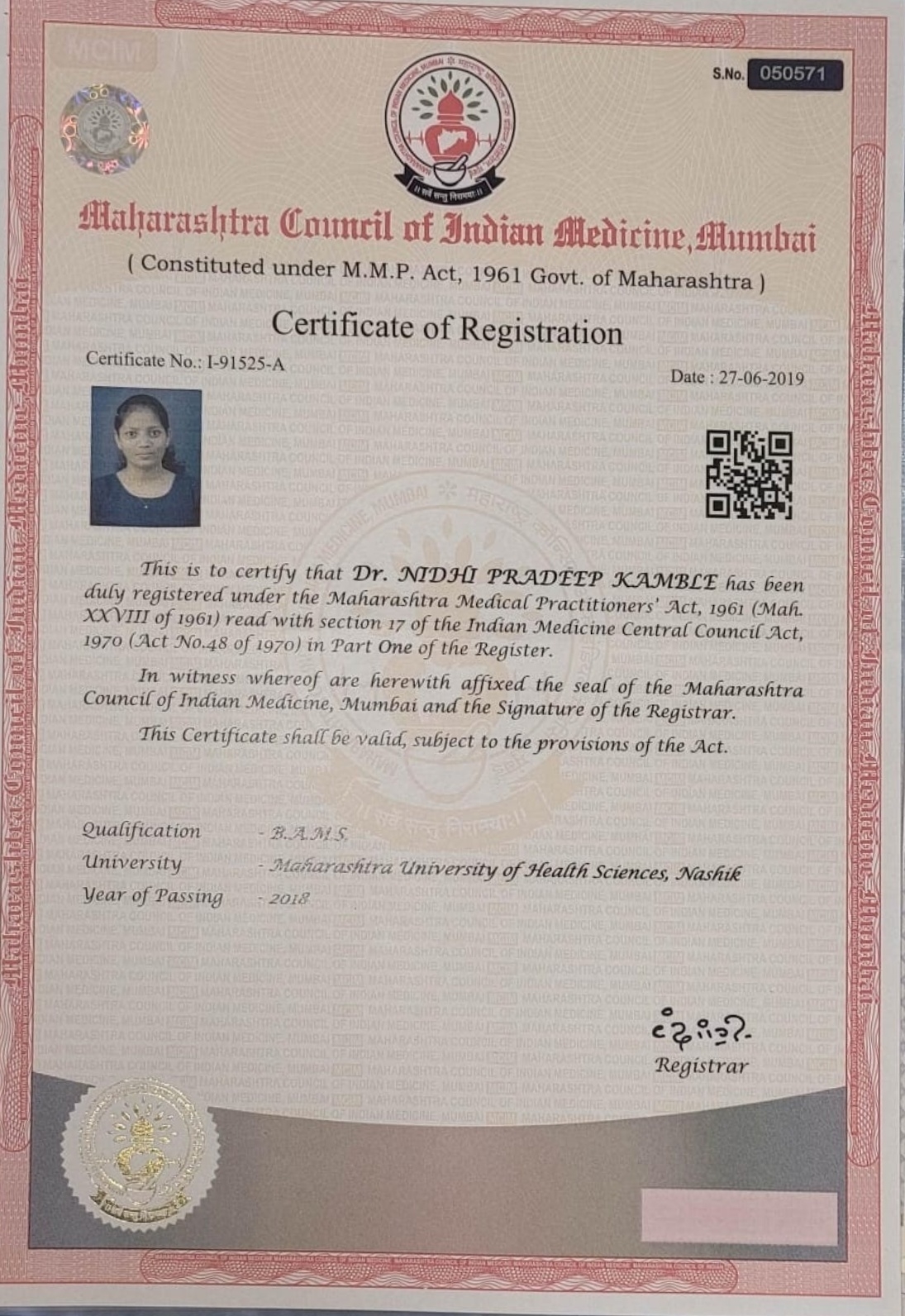 Ayurvedic doctor's certificate