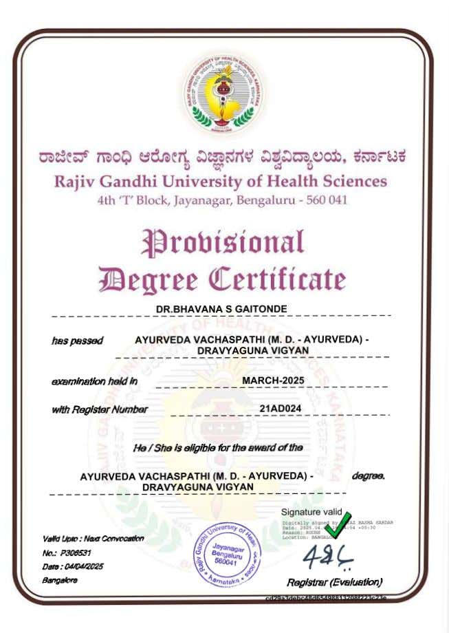 Ayurvedic doctor's certificate