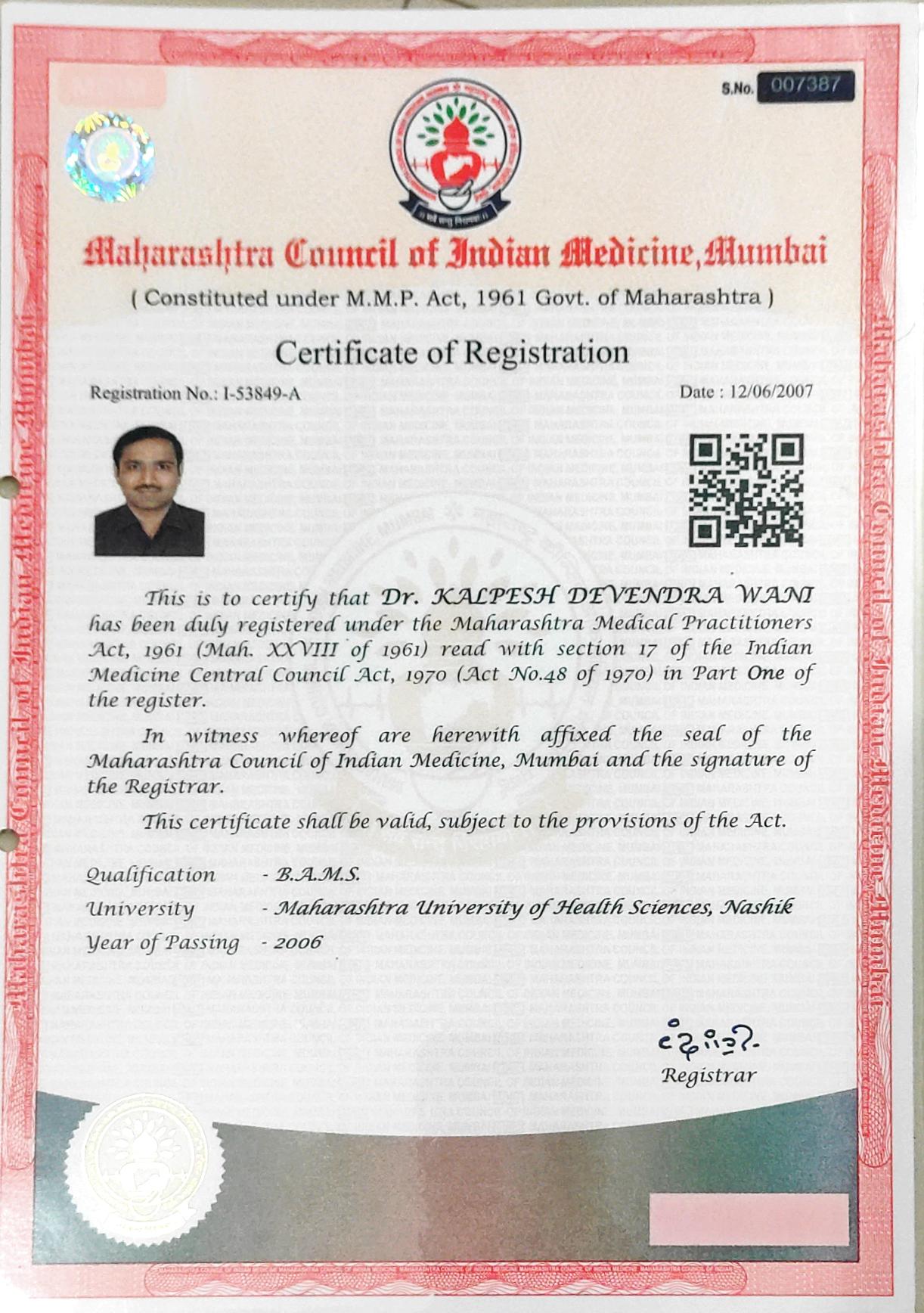 Ayurvedic doctor's certificate