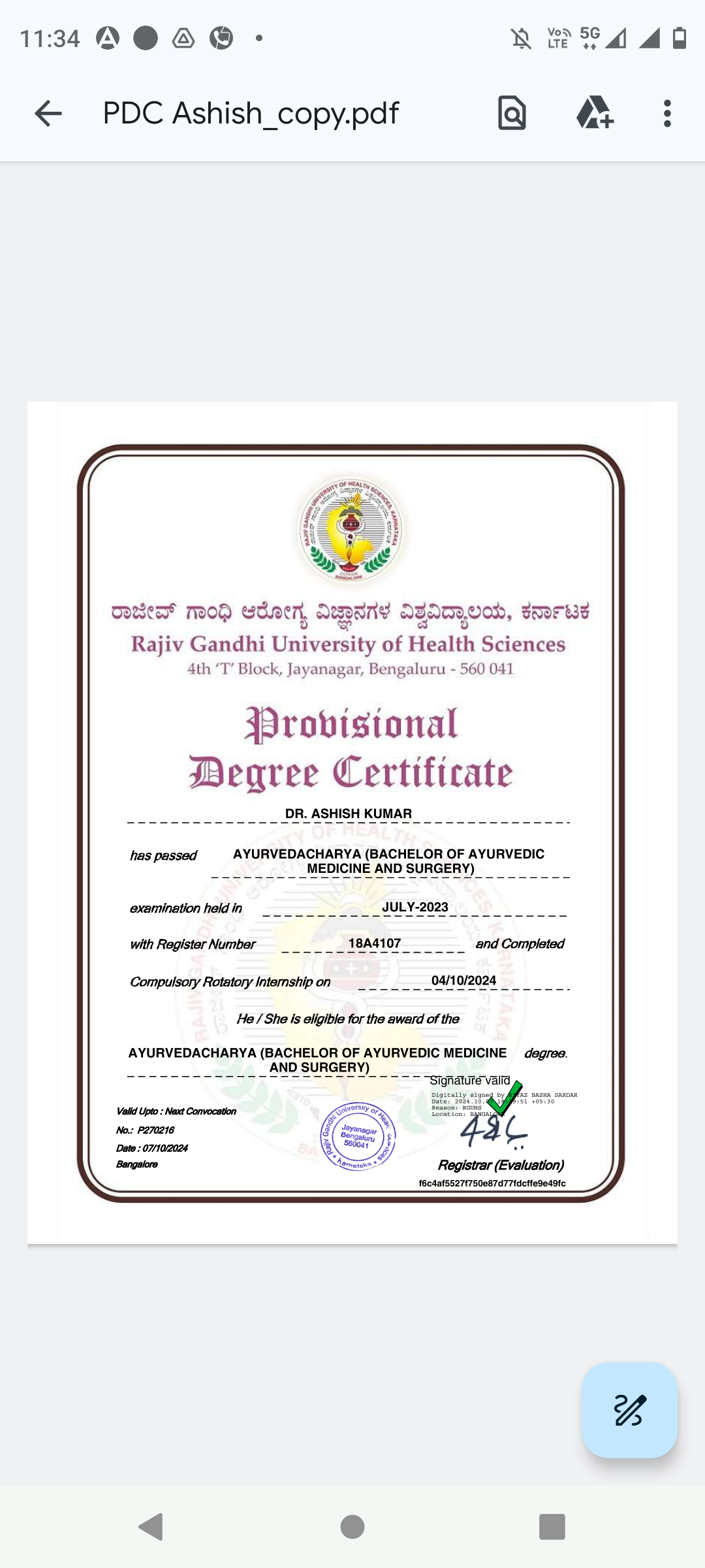 Ayurvedic doctor's certificate