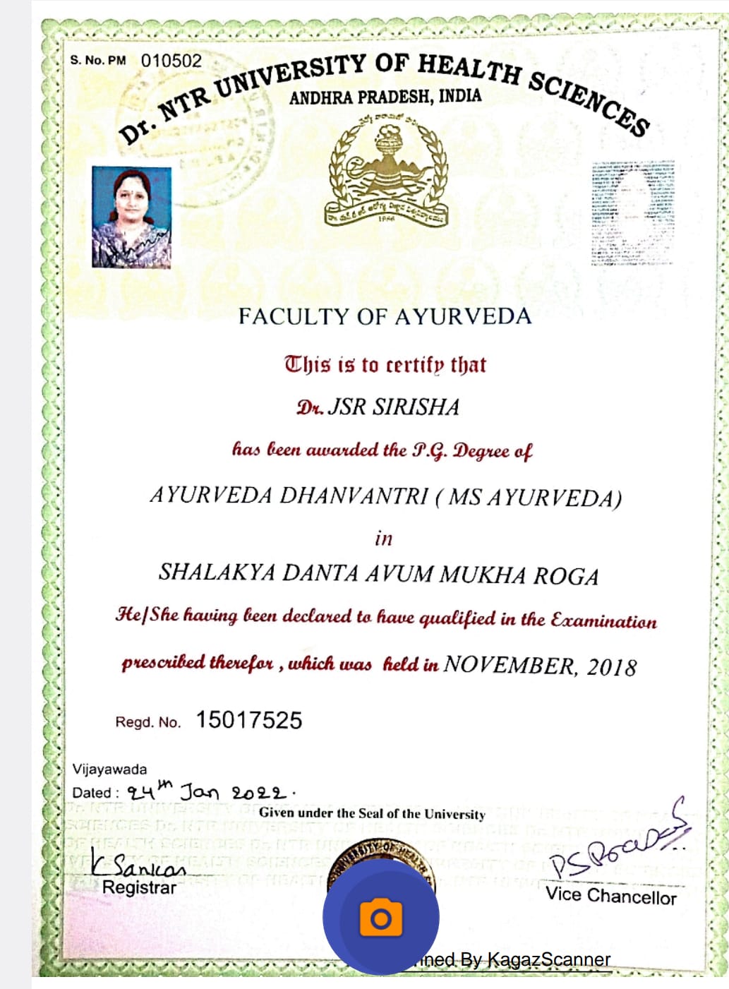Ayurvedic doctor's certificate