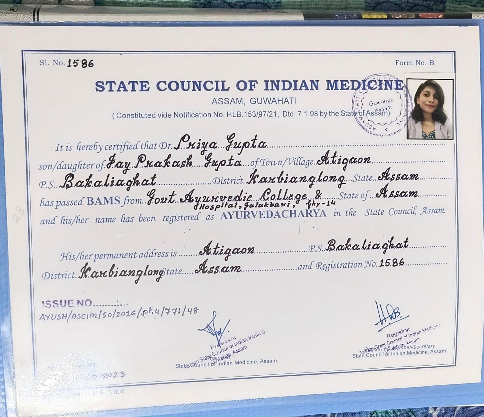 Ayurvedic doctor's certificate