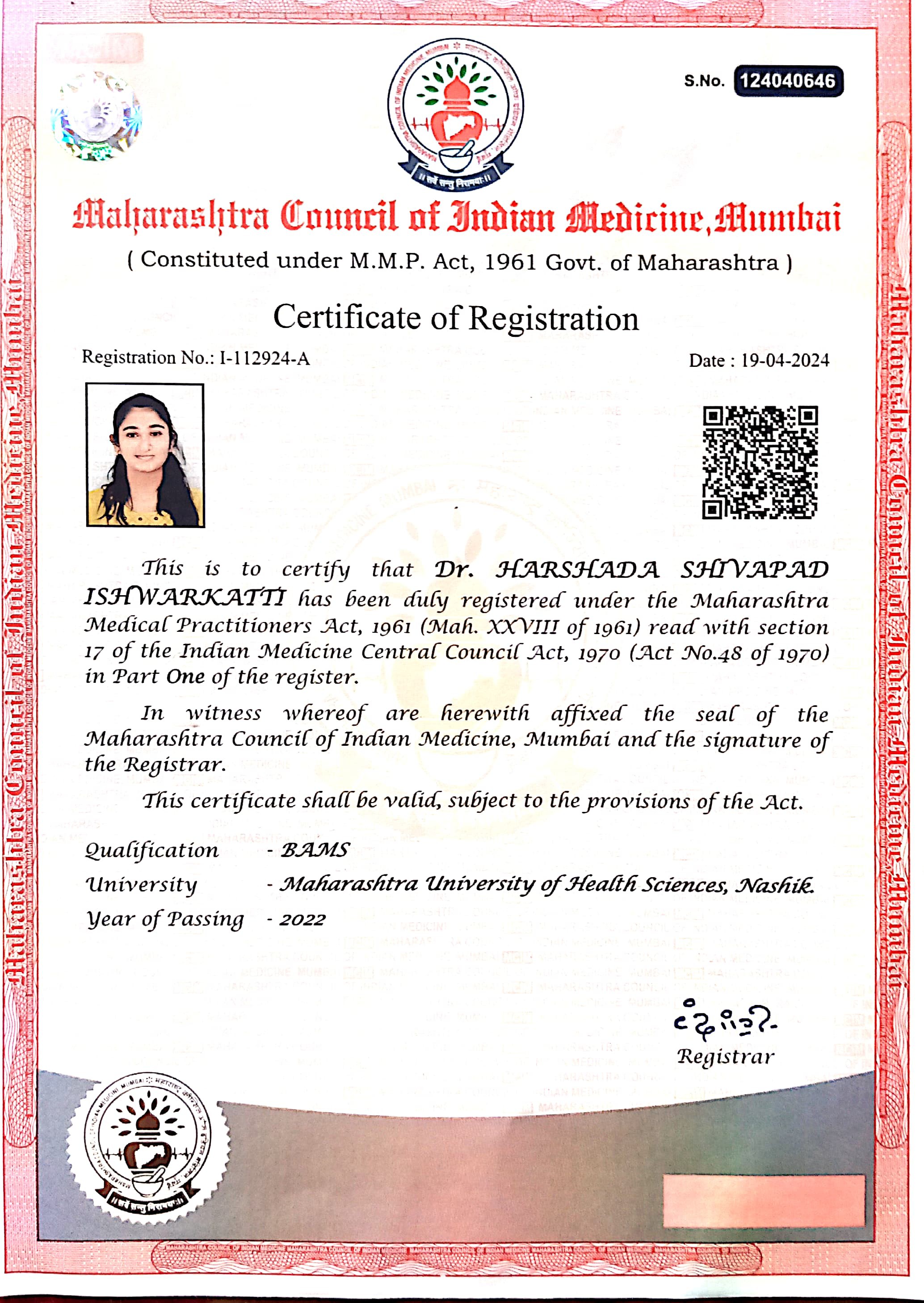 Ayurvedic doctor's certificate