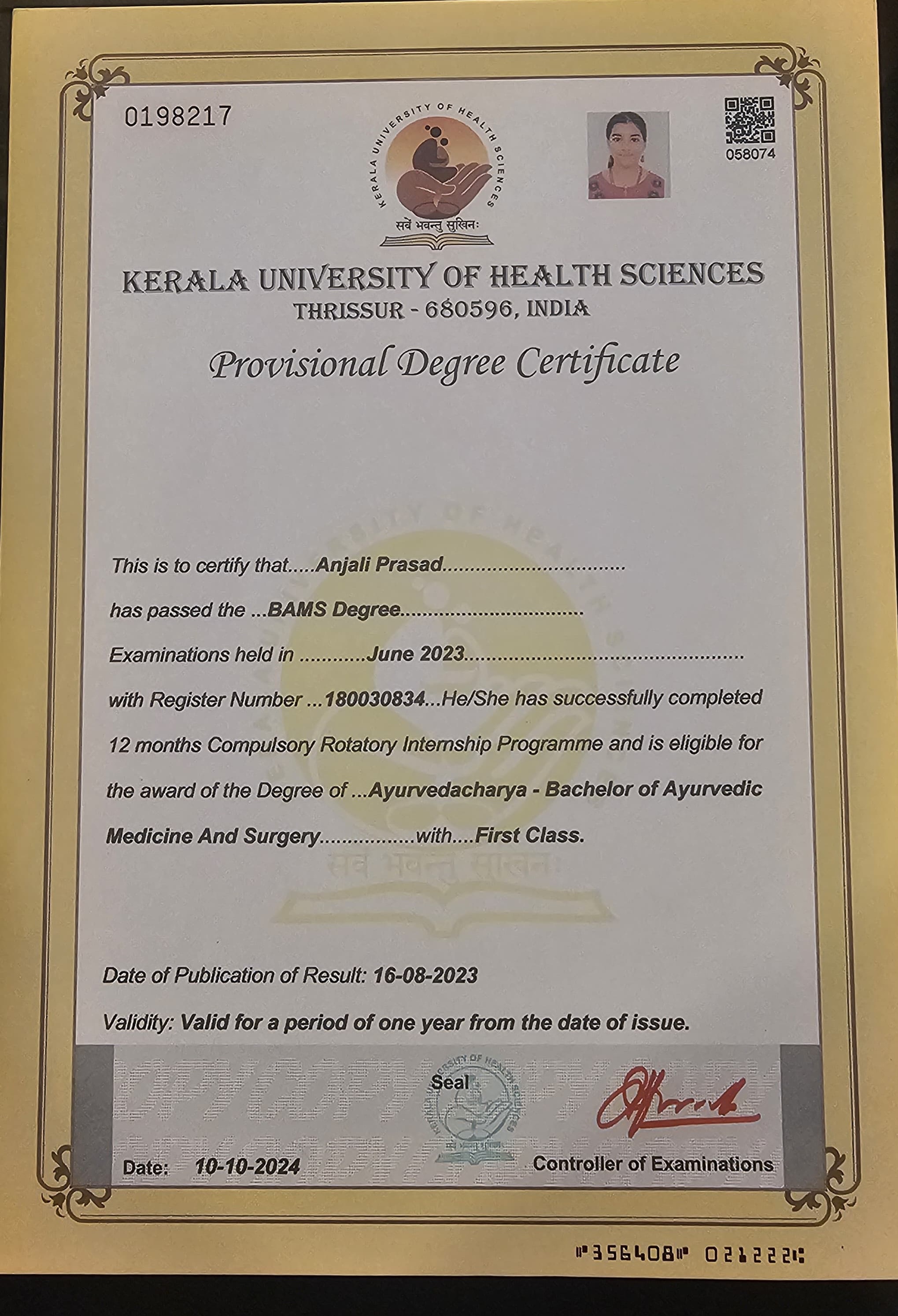 Ayurvedic doctor's certificate