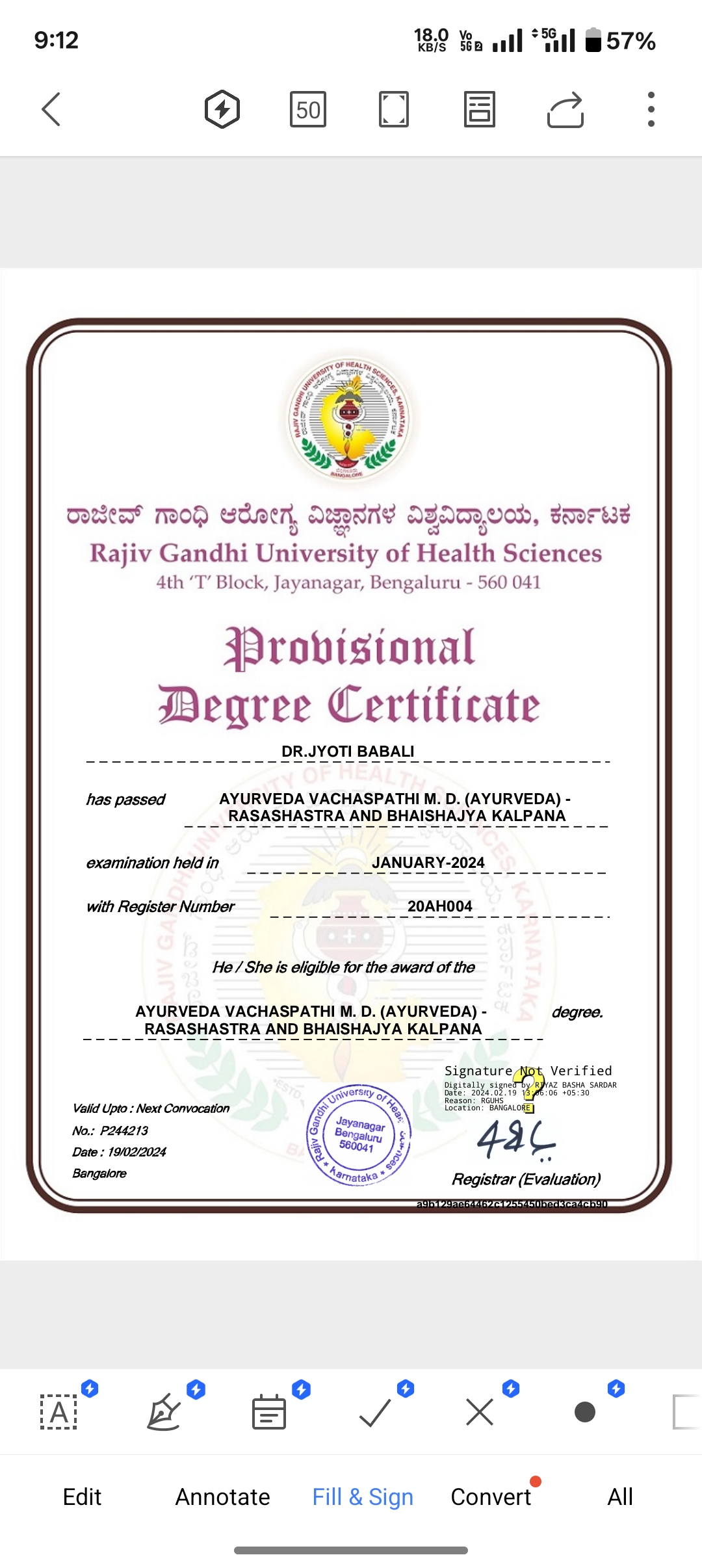 Ayurvedic doctor's certificate