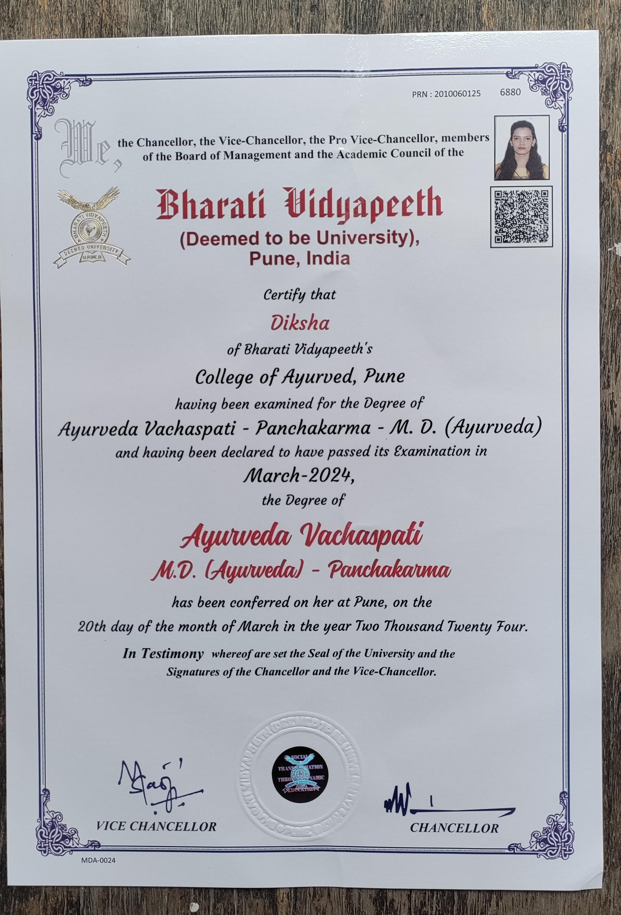 Ayurvedic doctor's certificate