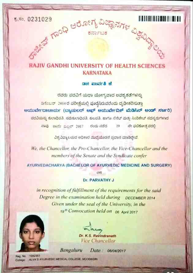 Ayurvedic doctor's certificate
