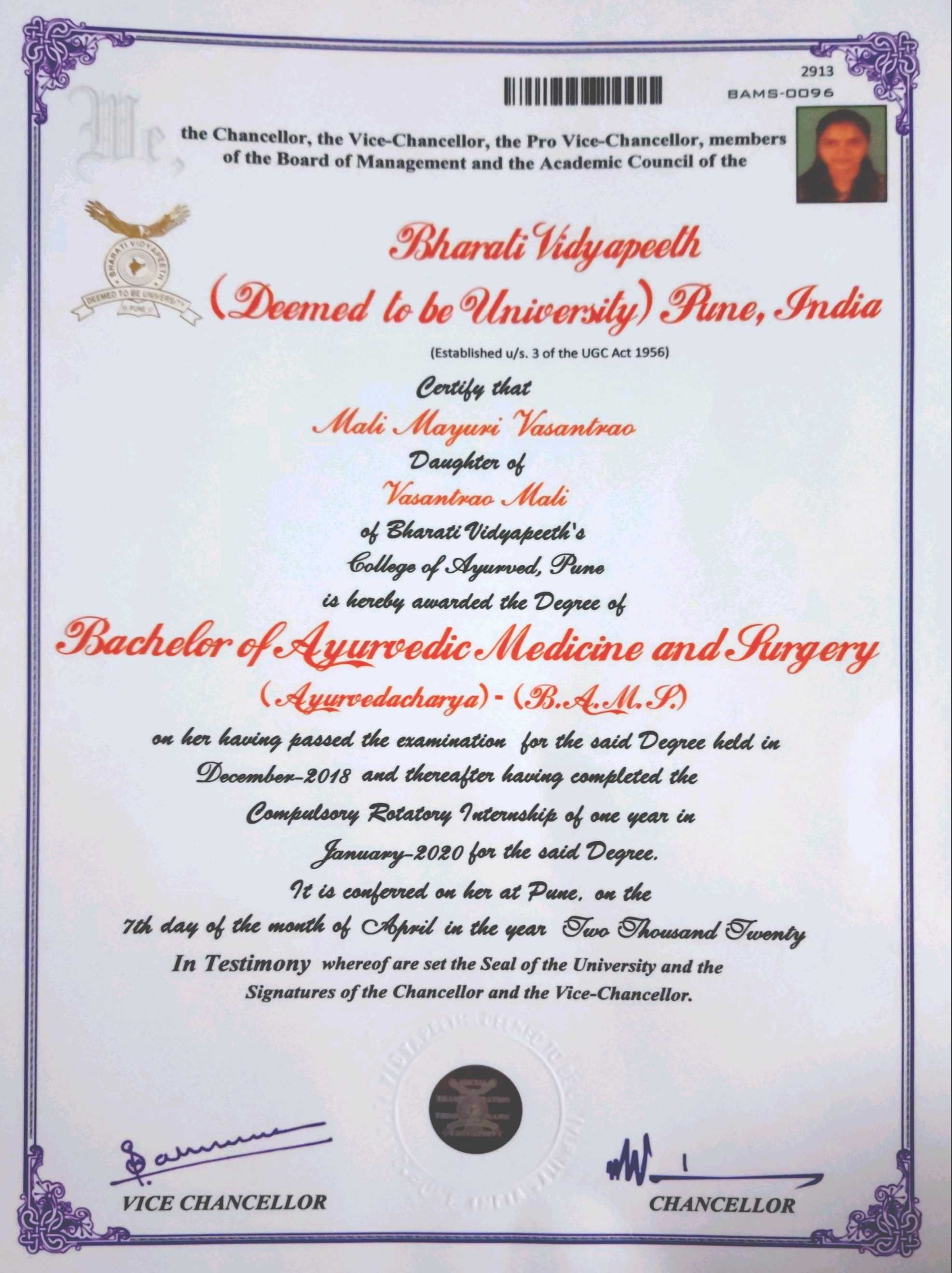 Ayurvedic doctor's certificate