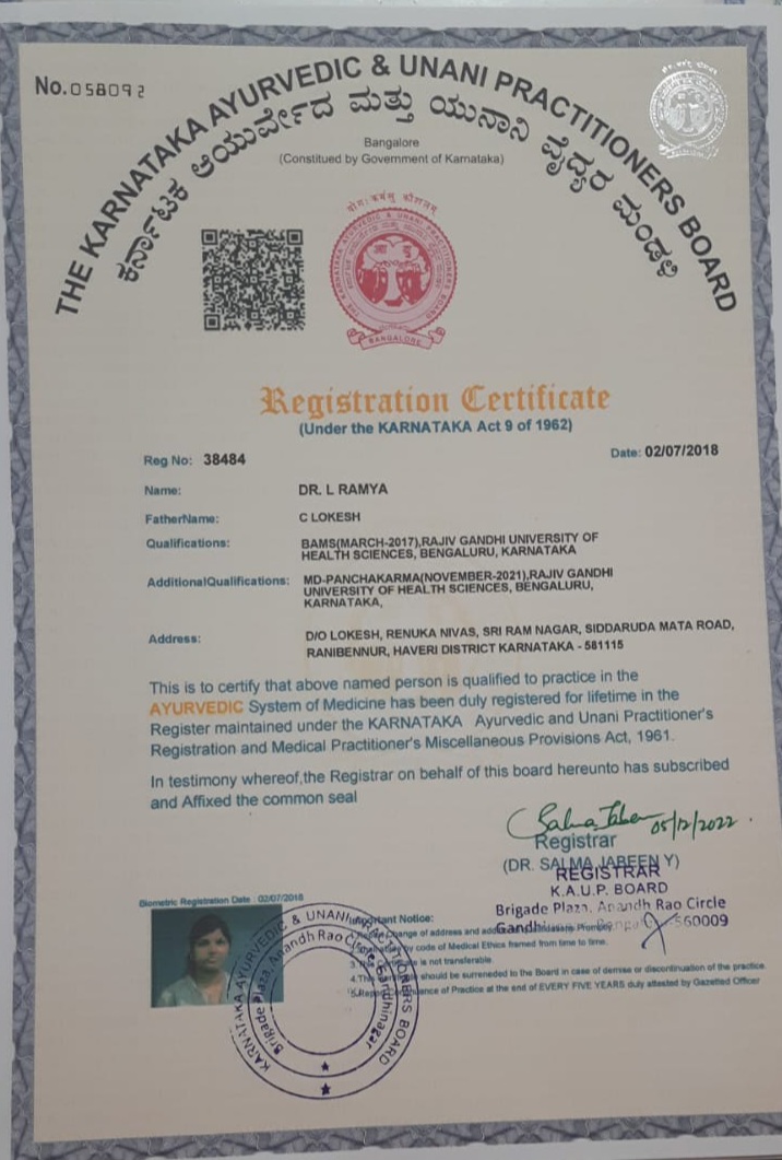 Ayurvedic doctor's certificate