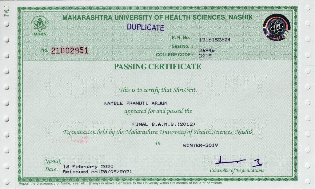 Ayurvedic doctor's certificate