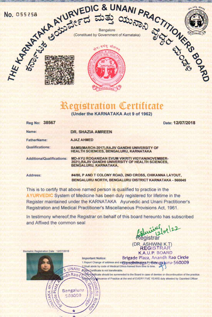 Ayurvedic doctor's certificate