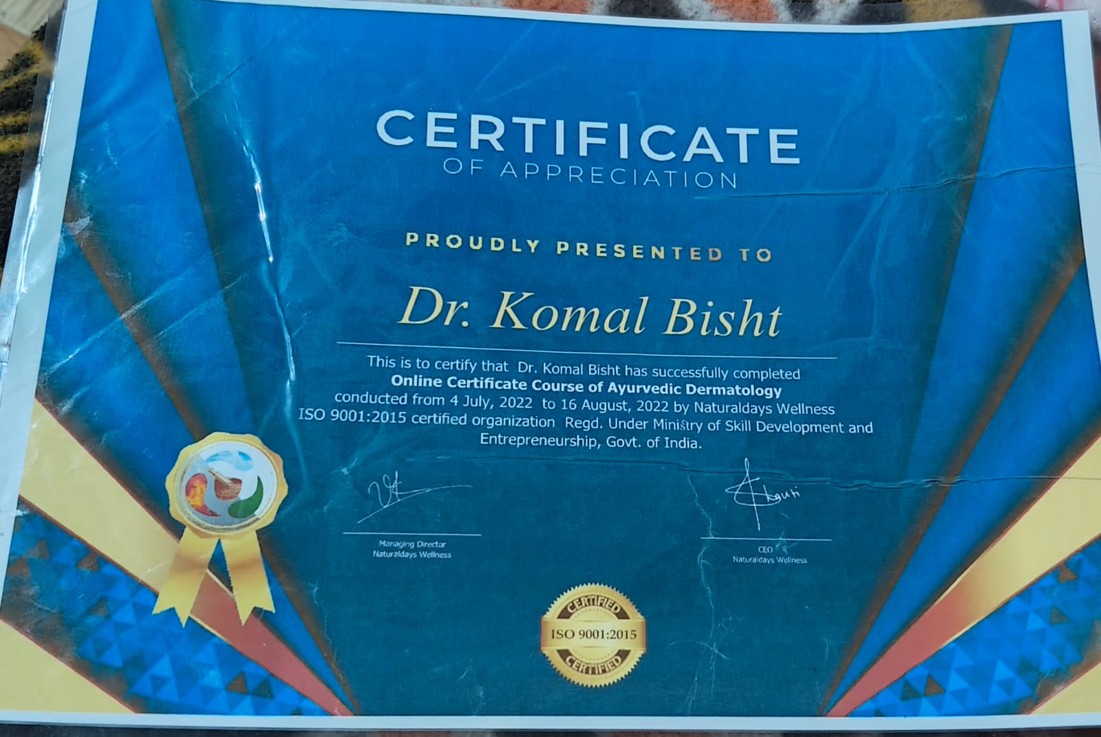 Ayurvedic doctor's certificate