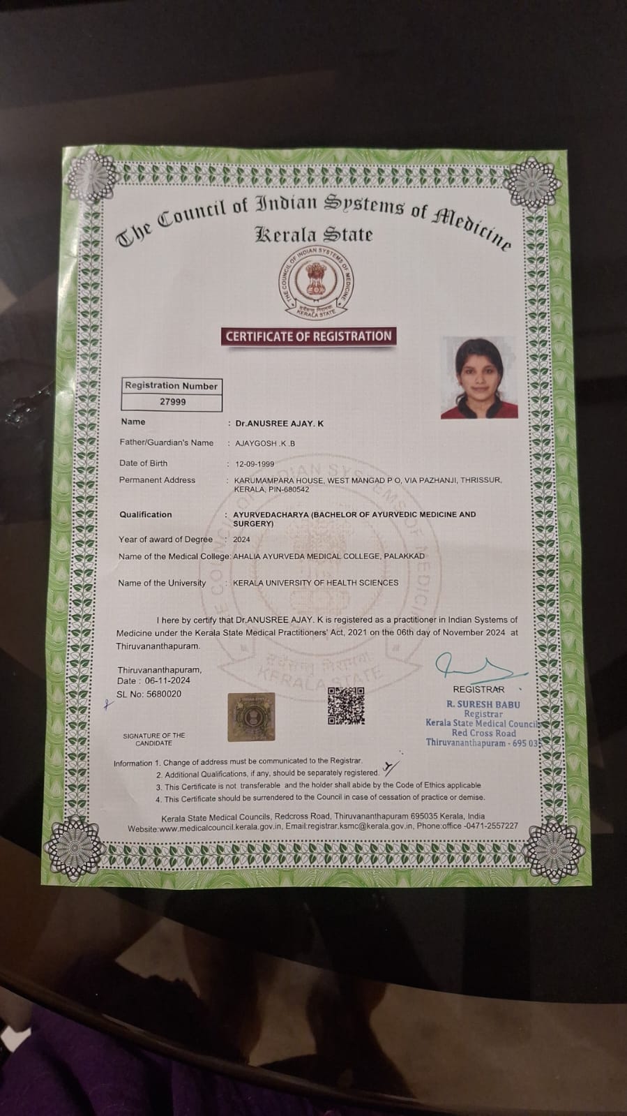 Ayurvedic doctor's certificate
