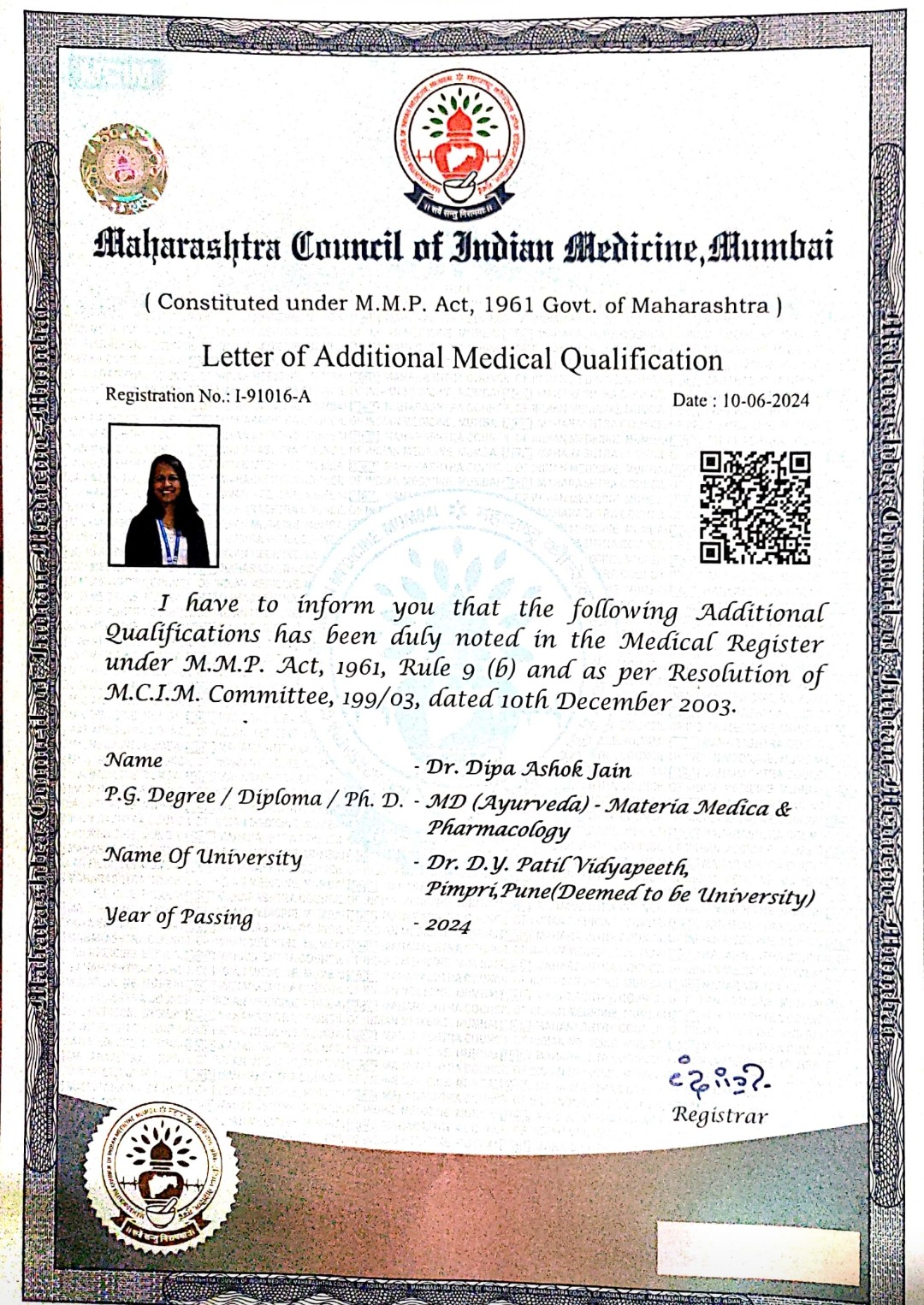 Ayurvedic doctor's certificate