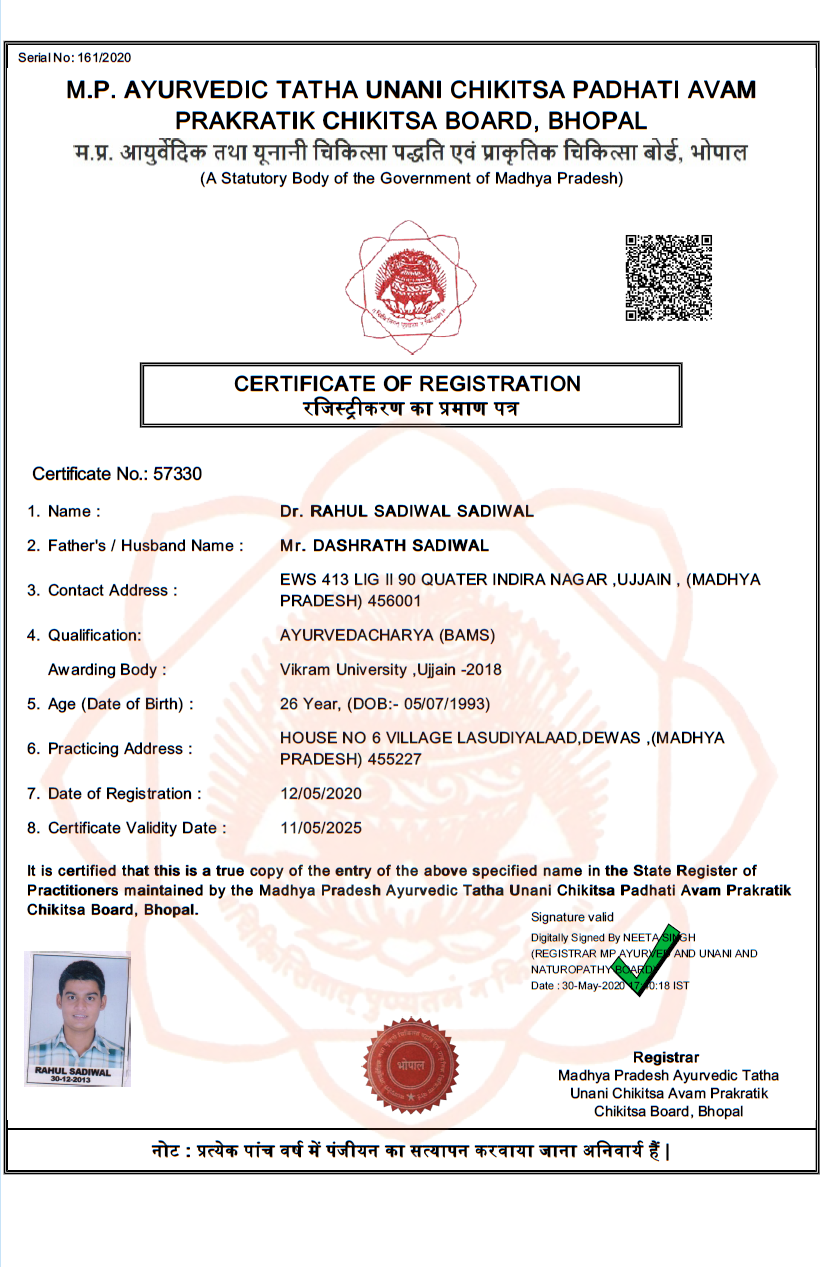 Ayurvedic doctor's certificate