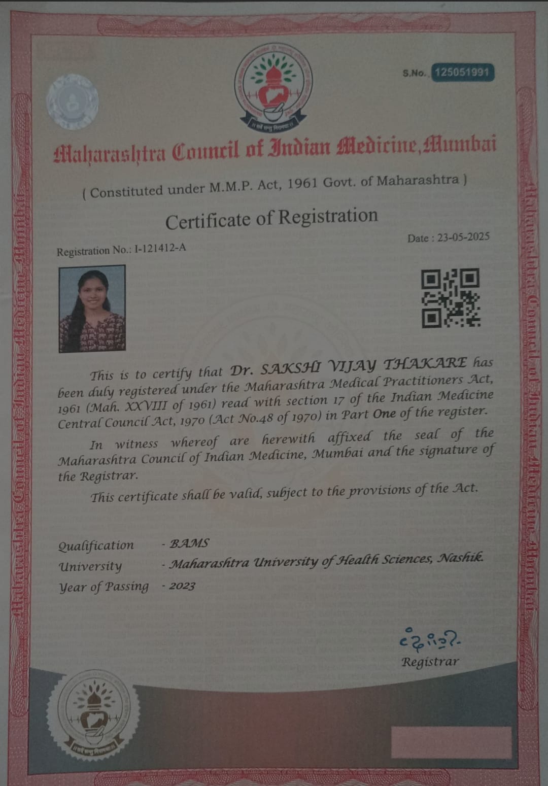 Ayurvedic doctor's certificate