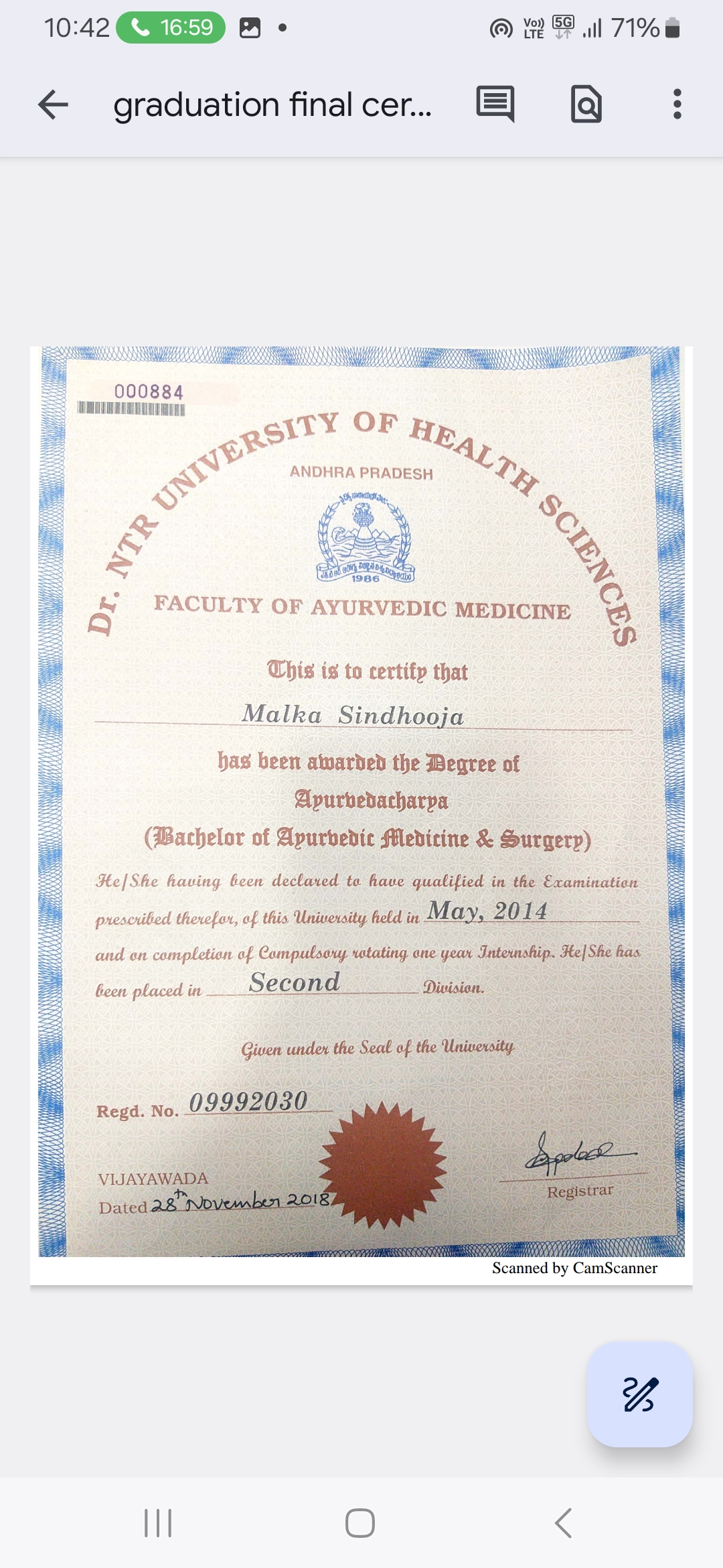 Ayurvedic doctor's certificate