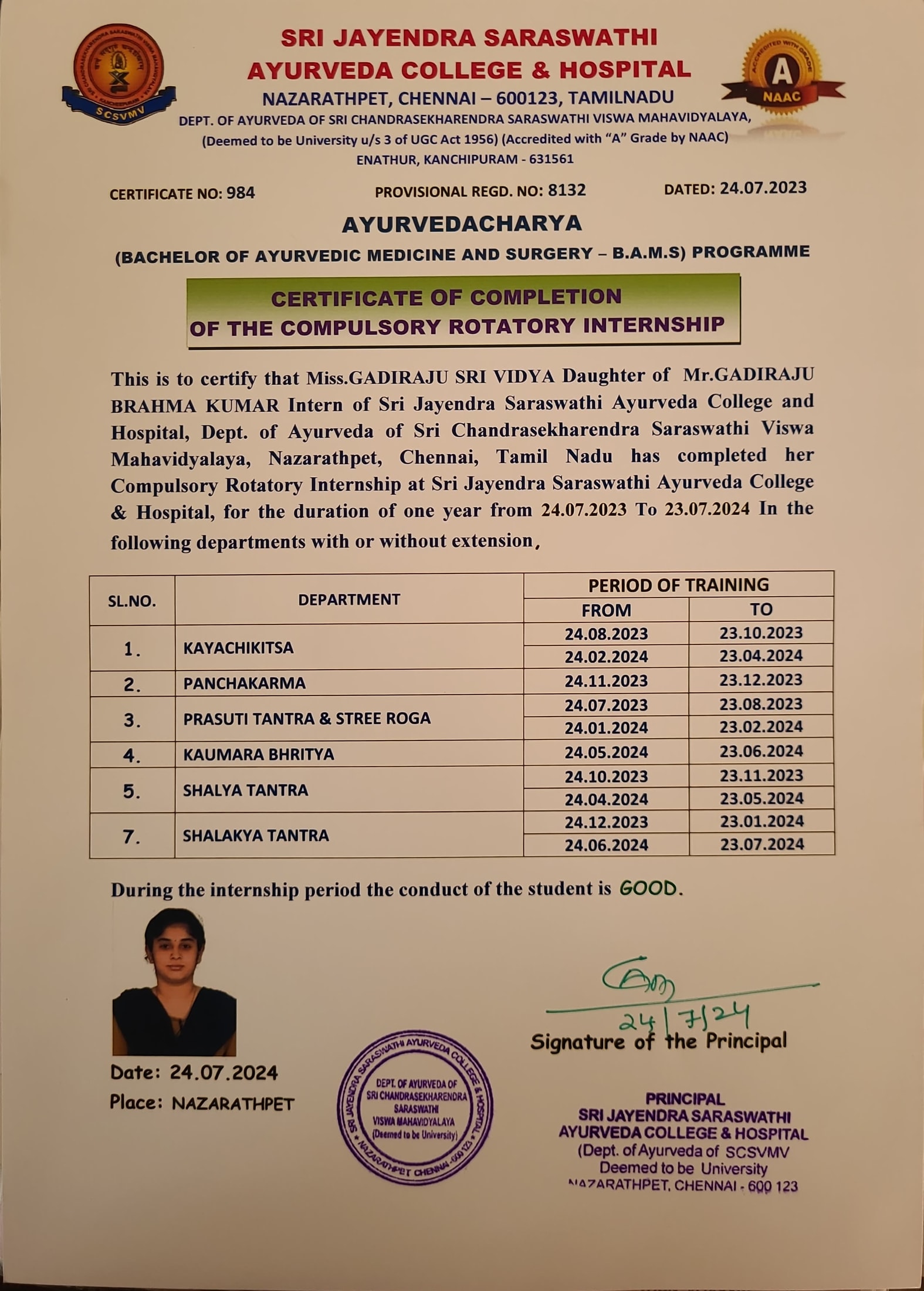 Ayurvedic doctor's certificate