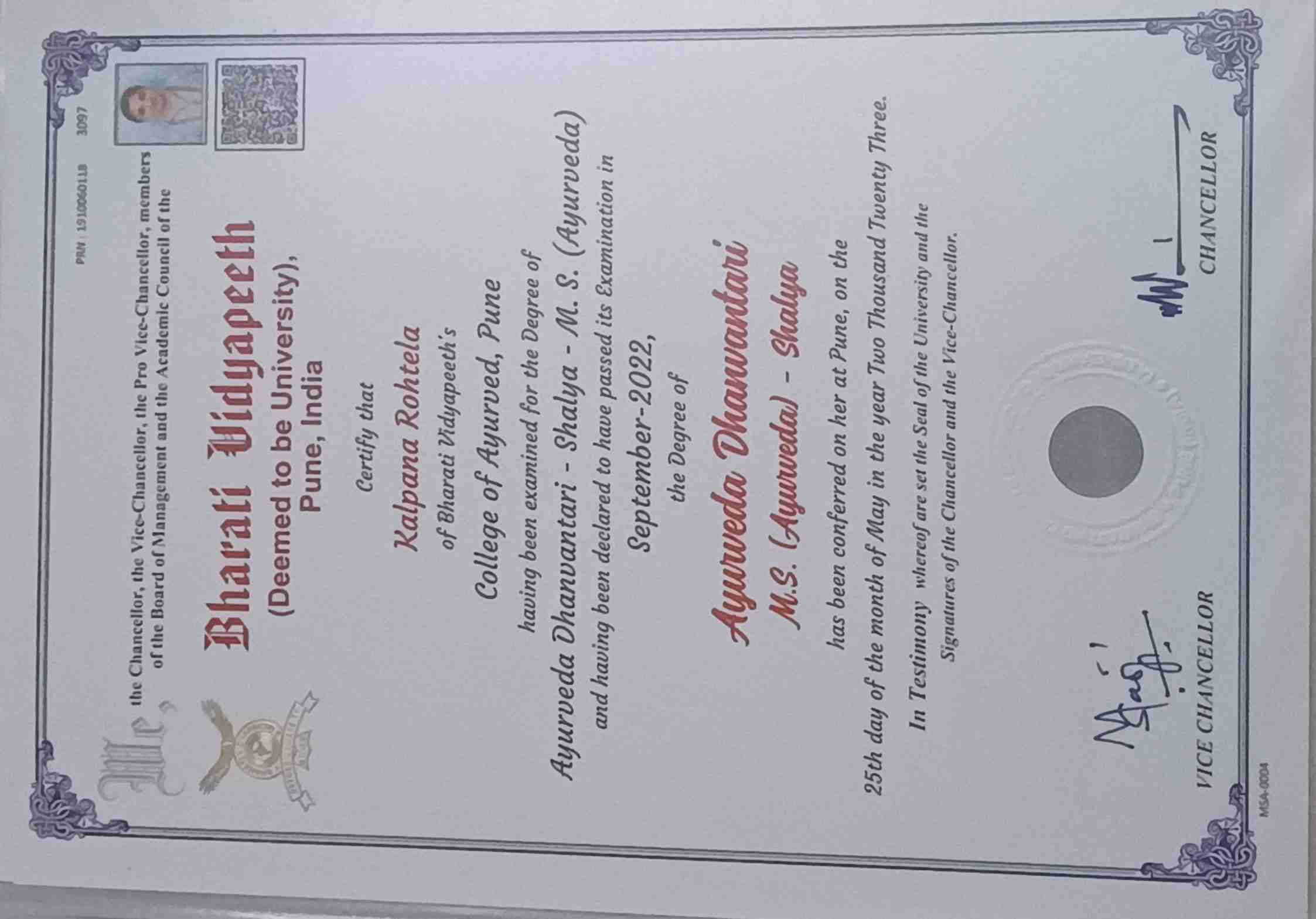 Ayurvedic doctor's certificate