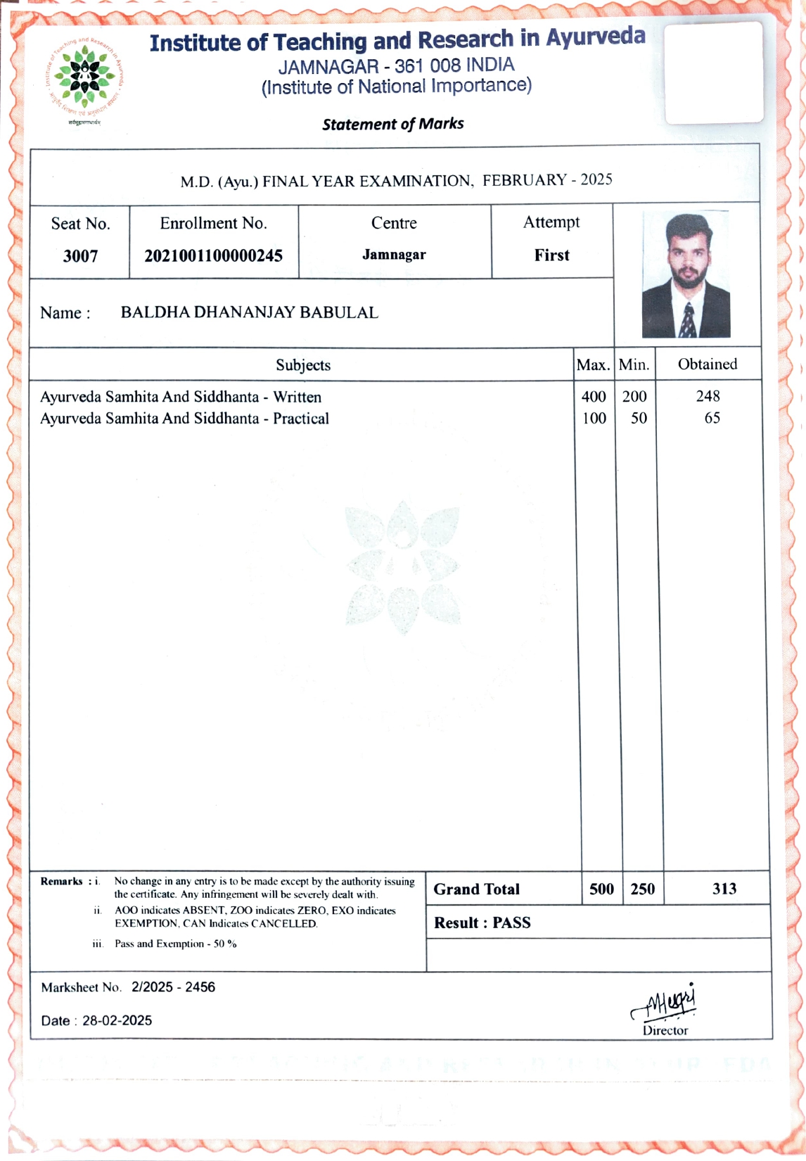 Ayurvedic doctor's certificate