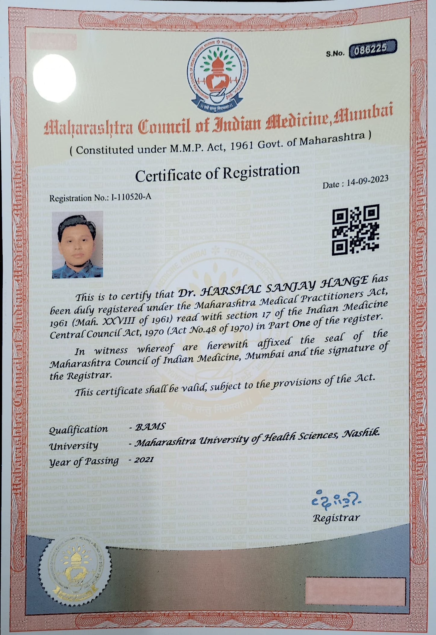 Ayurvedic doctor's certificate