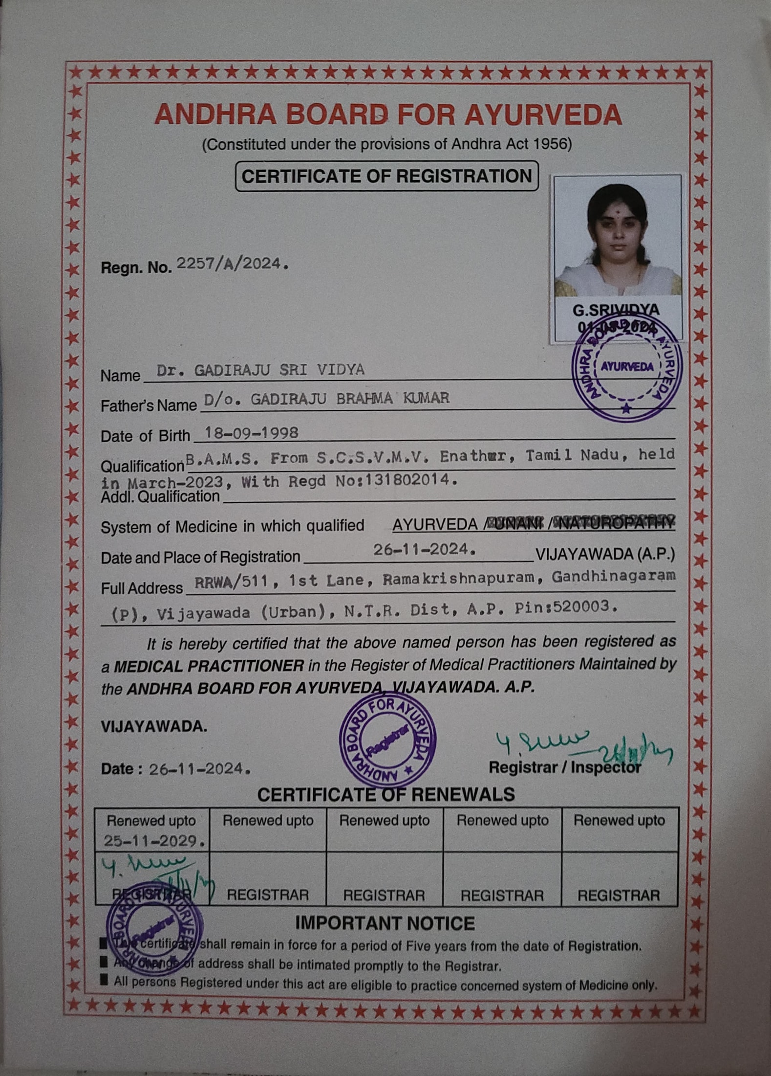 Ayurvedic doctor's certificate