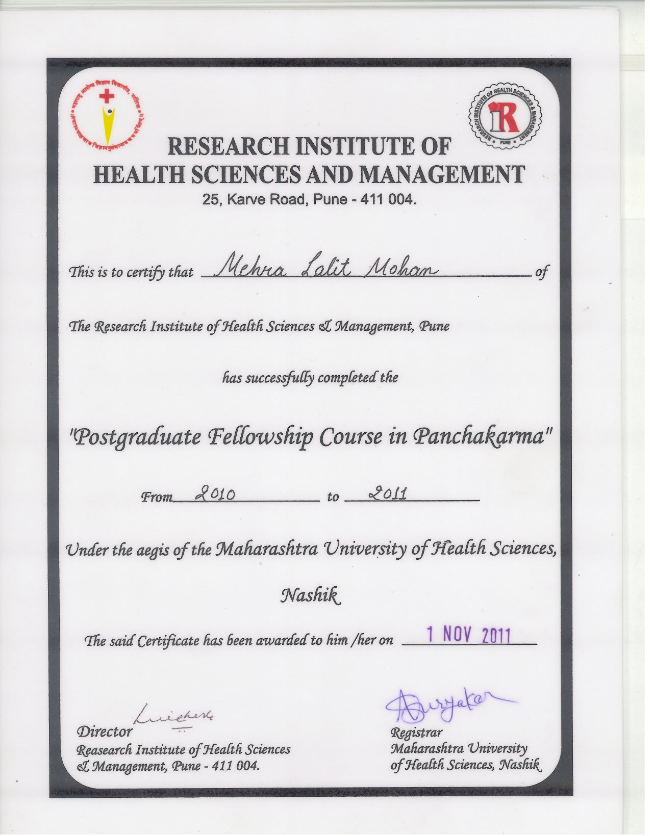 Ayurvedic doctor's certificate