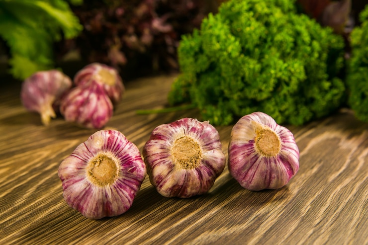 Garlic. Garlic-cloves on the table of lettuce and basil leaves