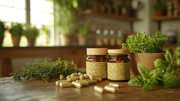 Herbal supplements and fresh herbs on a wooden table