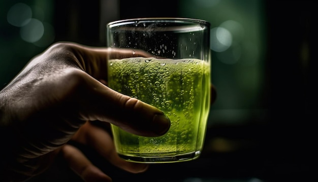 Hand holding glass pouring whiskey backlit celebration generated by AI