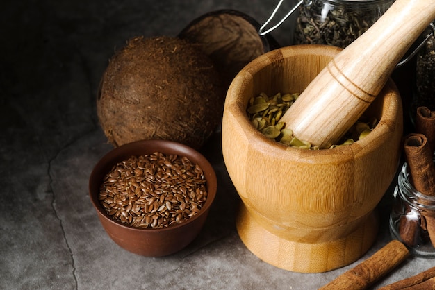 High view rustic kitchen objects with seeds