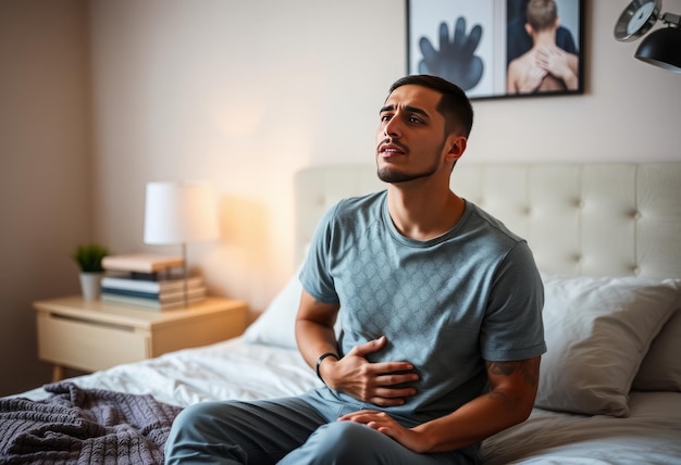 Young hispanic man suffering for stomachache sitting on bed at bedroom