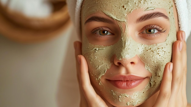 A youthful female applying a facial scrub mask