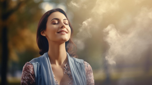 Happy Young Woman Breathing Air in a Park