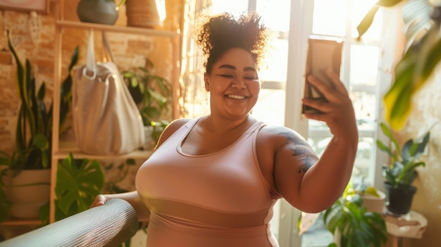 Medium shot  plus-sized woman influencer