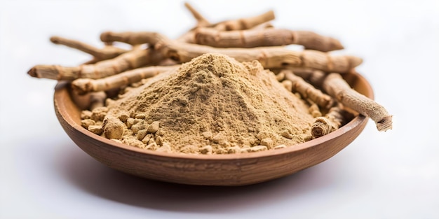 Selective Focus on Ashwagandha Plant Stem Powder on a Plain Background Concept Plant Photography Herbal Medicine Closeup Shots Minimalist Composition Natural Remedies
