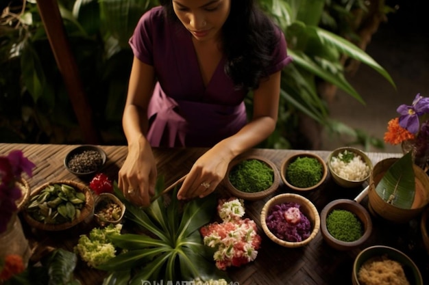 High angle view of woman holding food on table