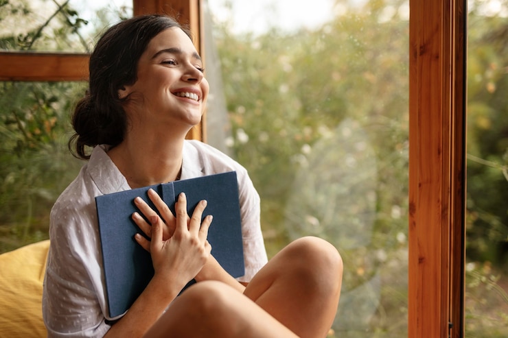 Medium shot smiley woman holding book