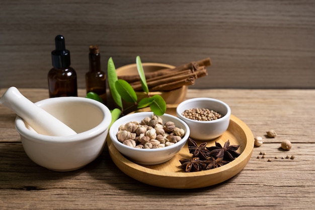 Variety of Thai and Indian spices and natural herbs supplements