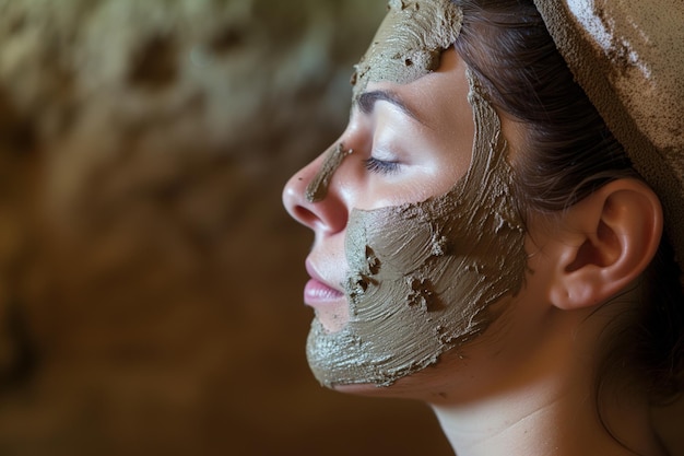 Profile of a woman with thermal mud applied to her face in a rustic spa
