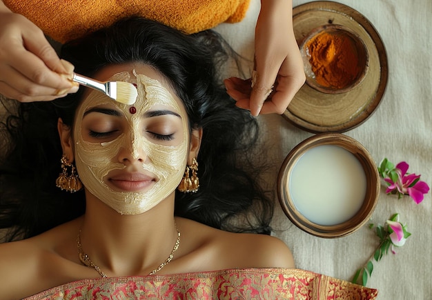 relaxing spa treatment with a pink facial mask applied to a young woman s face carefully spreads the mask with a brush